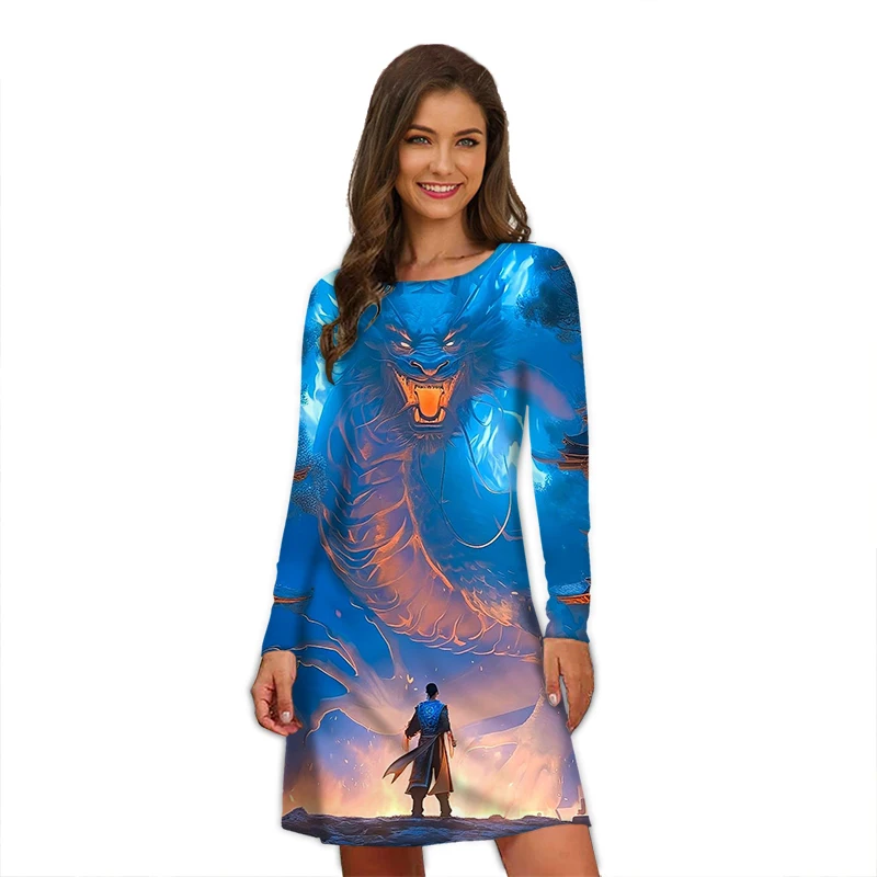 Chinese Dragon Casual Dress Dragons Art Print Fashion Long Sleeve Dresses Women O-Neck Elegant Ladies Dress Oversized Vestidos