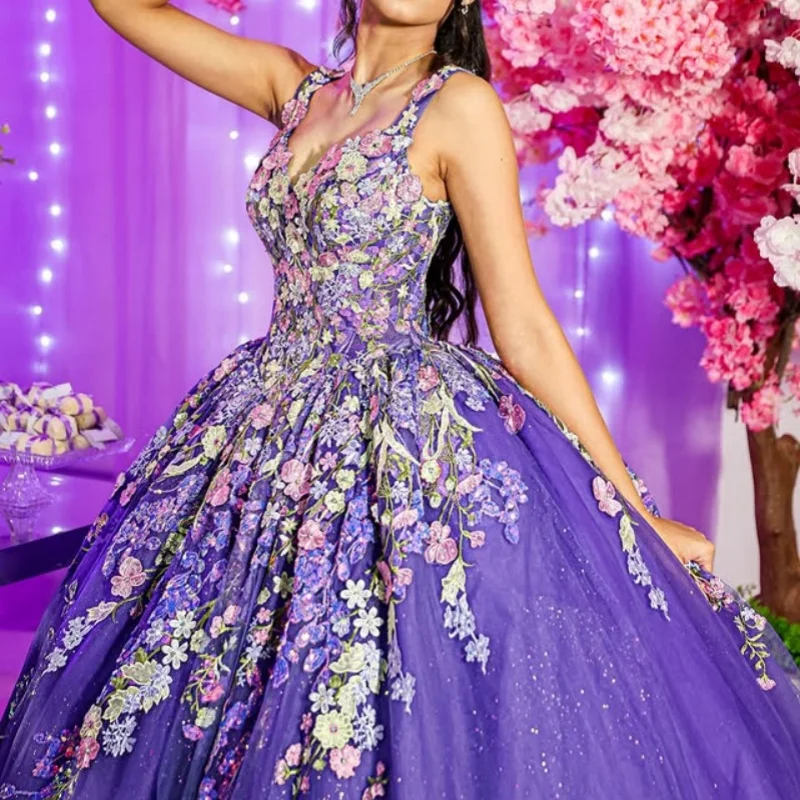 

Customized Shiny Purple Quinceanera Dresses Off the Shouldersequin decal flower Tull Long tail Vestido 15 Quinceanera