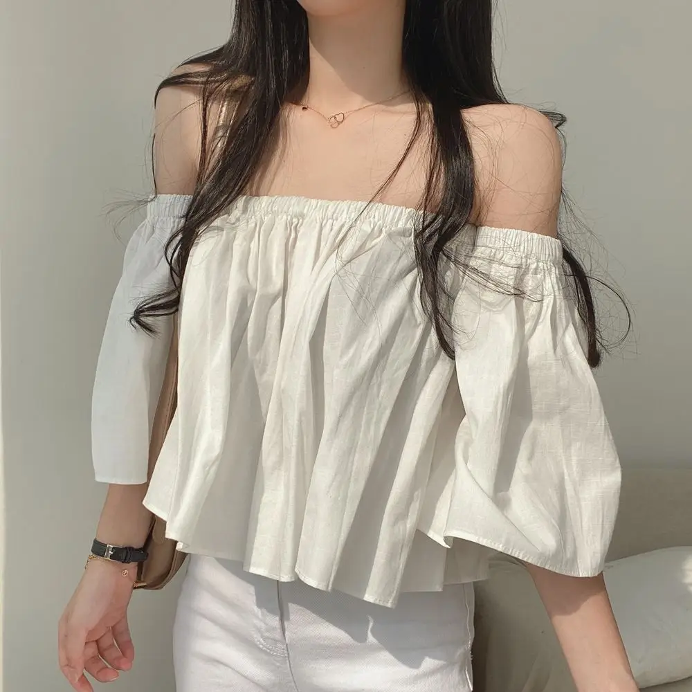 Blouse Vrouwen Office Lady Korea Franse Stijl Losse Stevige Gebreide Lantaarn Mouw Strapless Blusa Dames Tops En Blouses