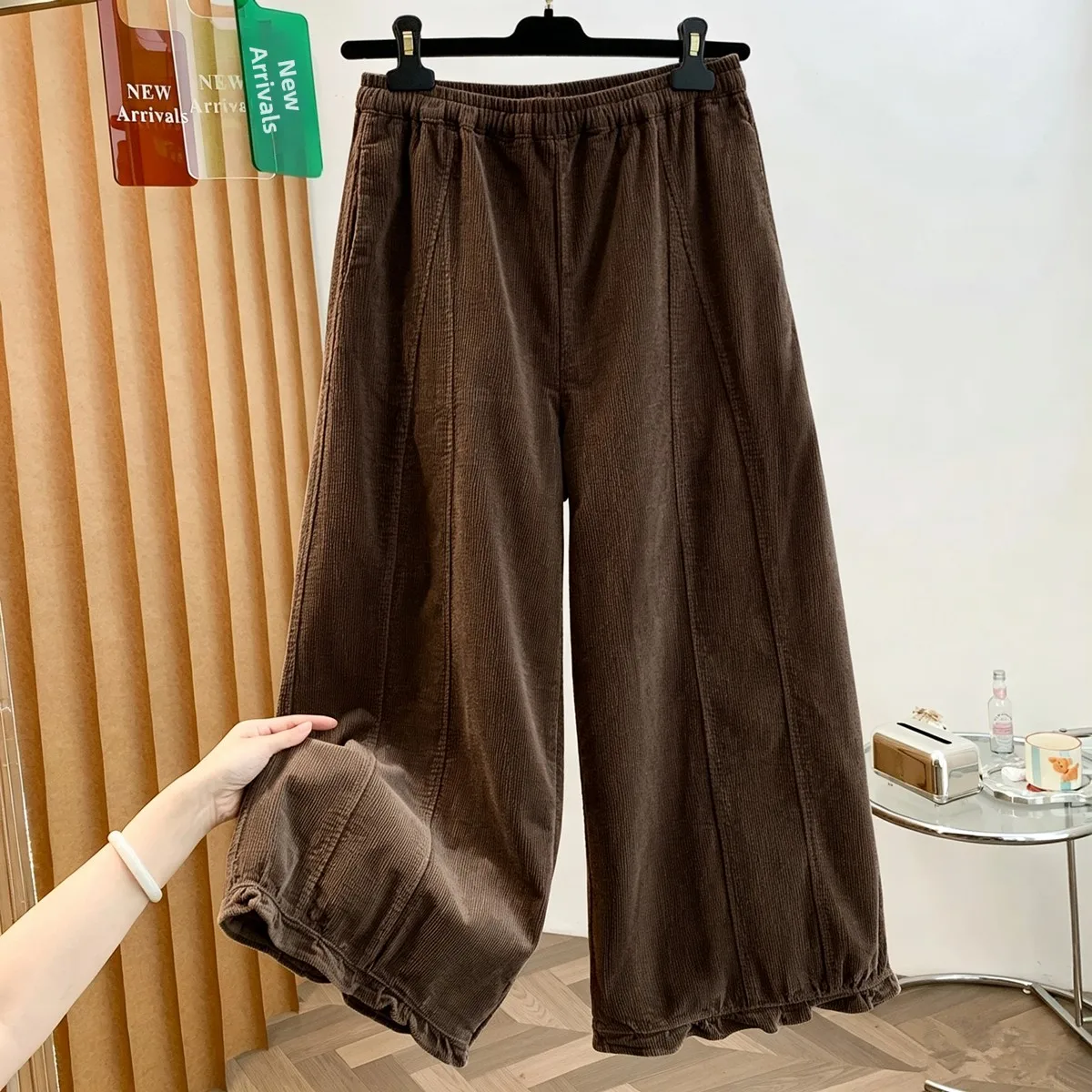 Autumn Winter Corduroy Flower Bud Pants Women's Loose Wide Leg Casual Trousers Elastic Waist Pure Color Lantern Pants