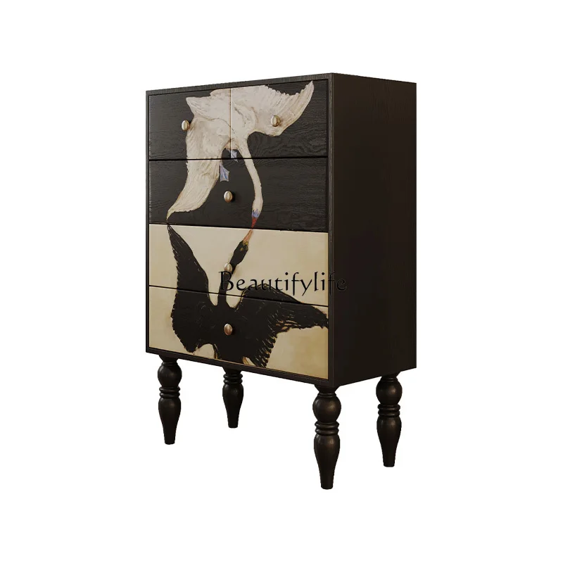 

4*French retro black and white swan cabinet, dining side solid wood storage cabinet