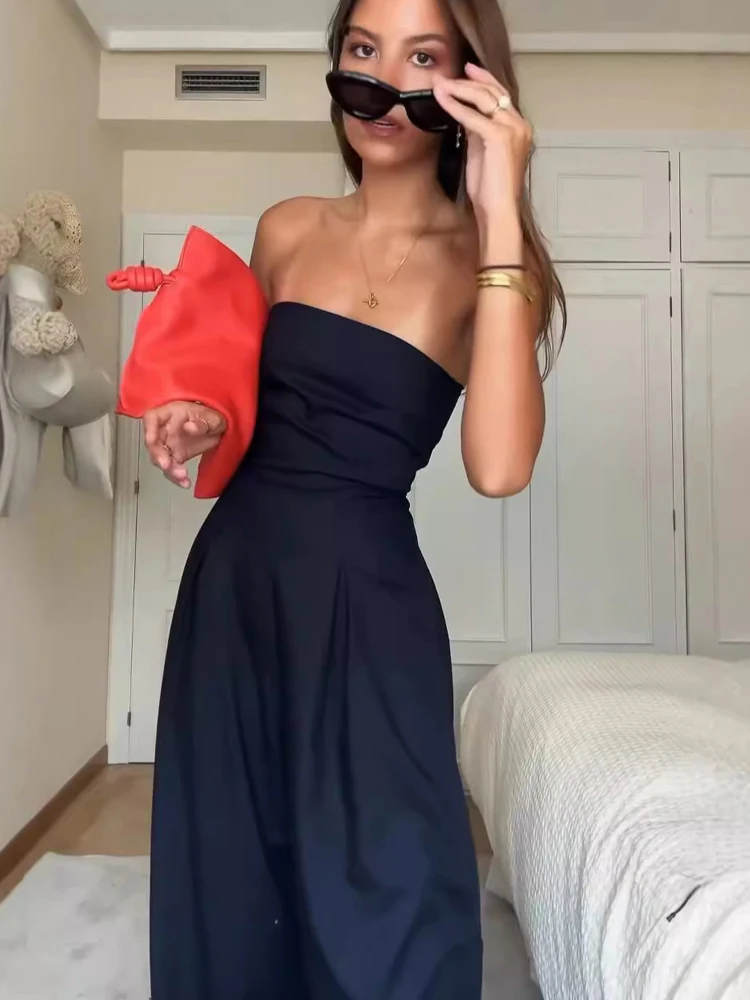 

FSMG Fashion Solid Sexy Backless Slim Jumpsuits Elegant Off Shoulder Waist Cinching Pockets Wide Leg Pants Temperament Bodysuit