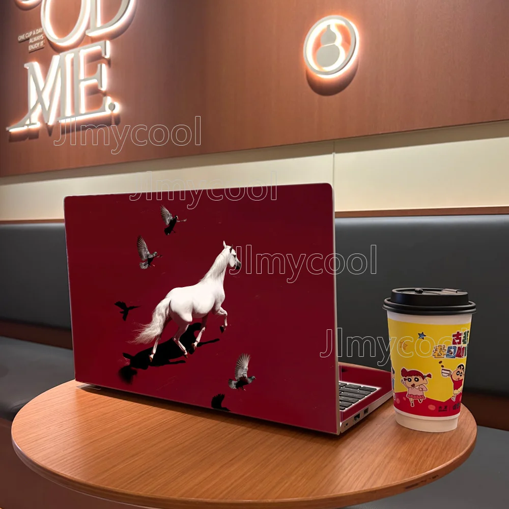 Red Background White Horse Pigeons Laptop Skin Sticker Scratch Resistant Bubble Free Vinyl Decal Notebook Cover Decor Accessory