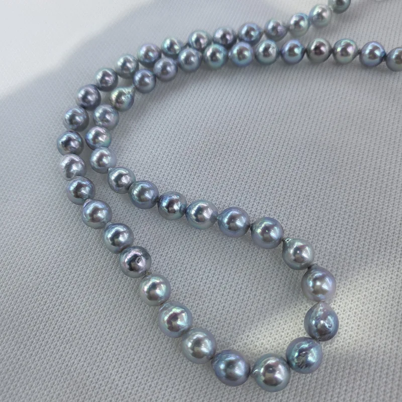 

S925 Sterling Silver Saltwater Akoya Baroque Pearl Necklace, 7-8mm Silver-Gray Hanadama Irregular Beaded Chain