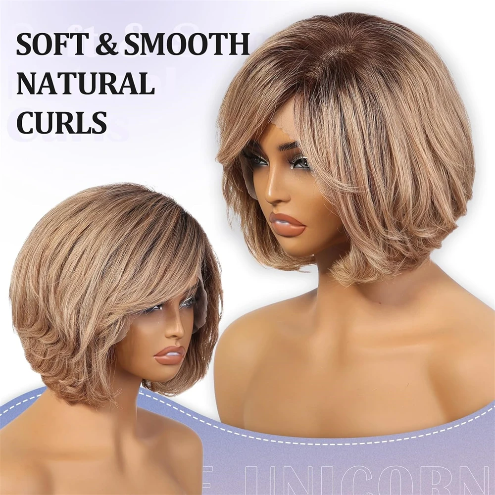 12 In Lace Front Human Hair Wigs for Women Light Brown Short Layered Wavy Bob Wig with Bangs Remy Human Hair Wigs for Daily Use