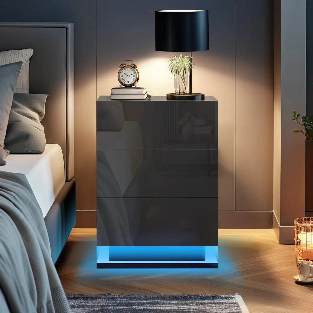 

LED Nightstand, 27" UV High Gloss Bedside Tables, with Drawer and Adjustable LED Light, Nightstand