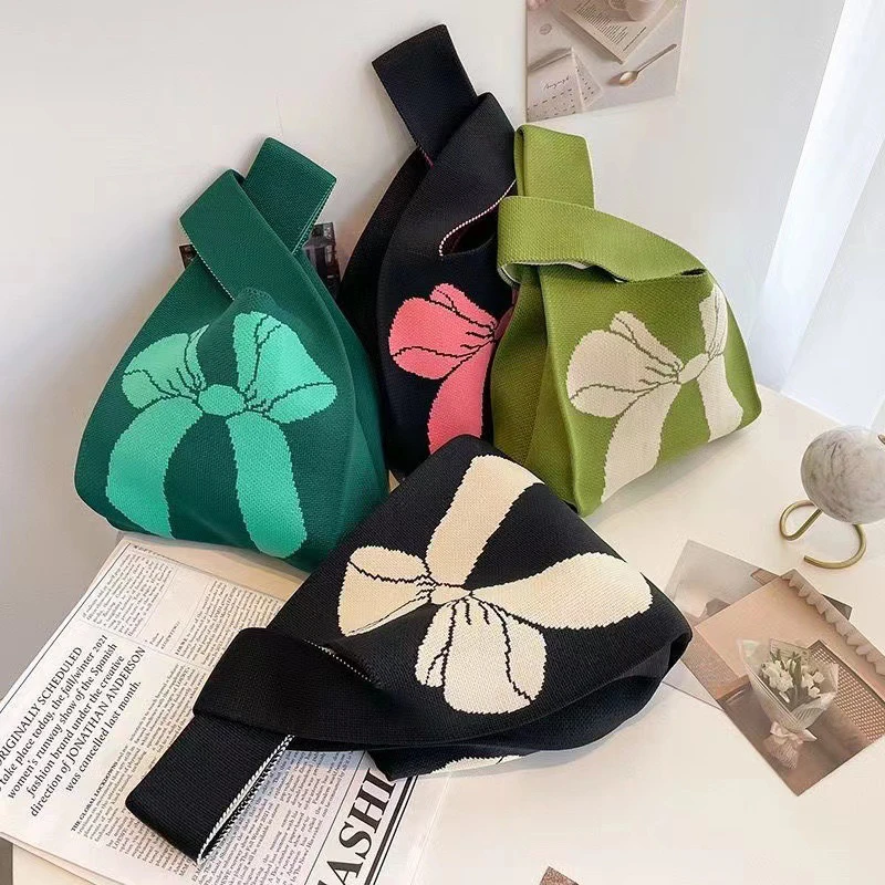 

New Bowknot Knit Handbags Women Handmade Knot Wrist Bag Casual Small Bow Tote Bag Reusable Shopping Bags