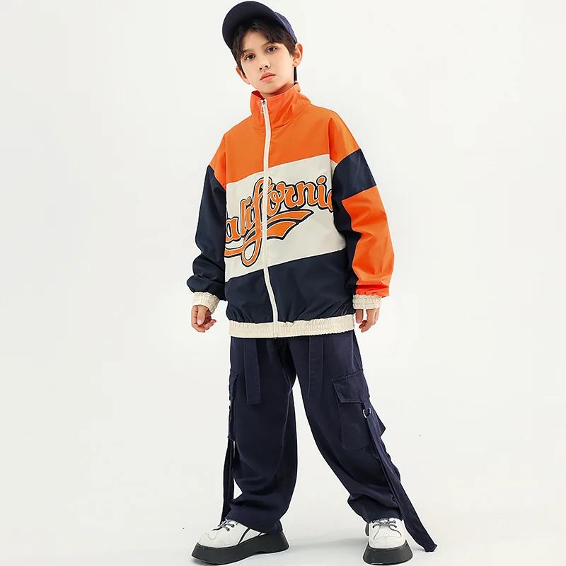 Street Dance Clothes for Kids Urban Boy Letter Print Patchwork Baseball Uniform Navy Blue Casual Overalls 2pcs Kpop Girls Outfit