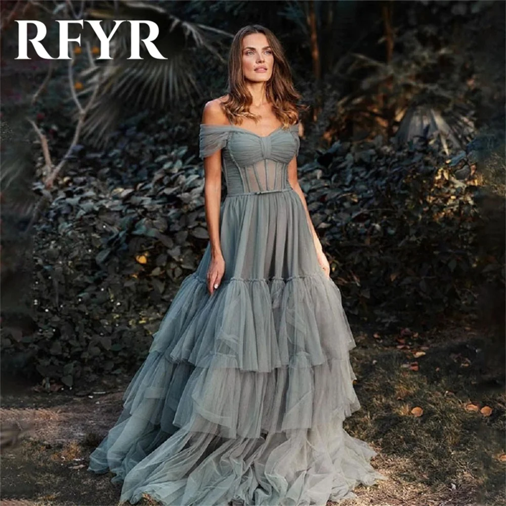 RFYR Elegant Gray Ivory Prom Dress Off The Shoulder Tiered Evening Dress Soft Tulle Party Dress Cake Layered Princess 프롬드레스