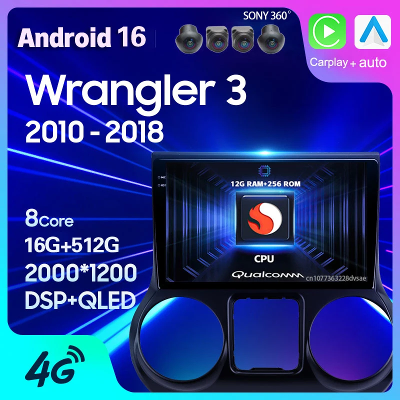 Android 16 Carplay Auto For Jeep Wrangler 3 JK 2010 - 2018 Right hand drive Car Radio GPS Player Navigation 2Din BT Stereo Video