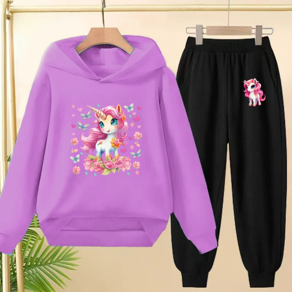 Girls Boys Autumn/Winter Set Unicorn Print Hoodie Sets 3-12Year Kids Fashion Cartoon Anime Comfortable Sweatshirt And Sweatpants