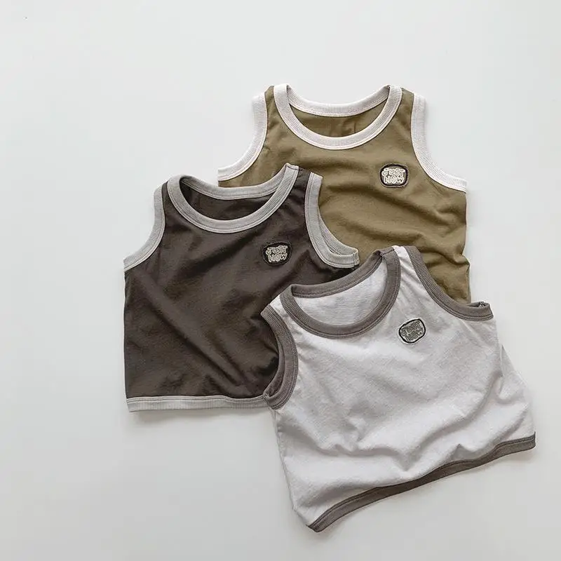 

2024 Summer New Children Sleeveless T Shirts Boys Vintage Versatile Tops Fashion Letter Patch Kids Cotton Vest Girls Casual Tees