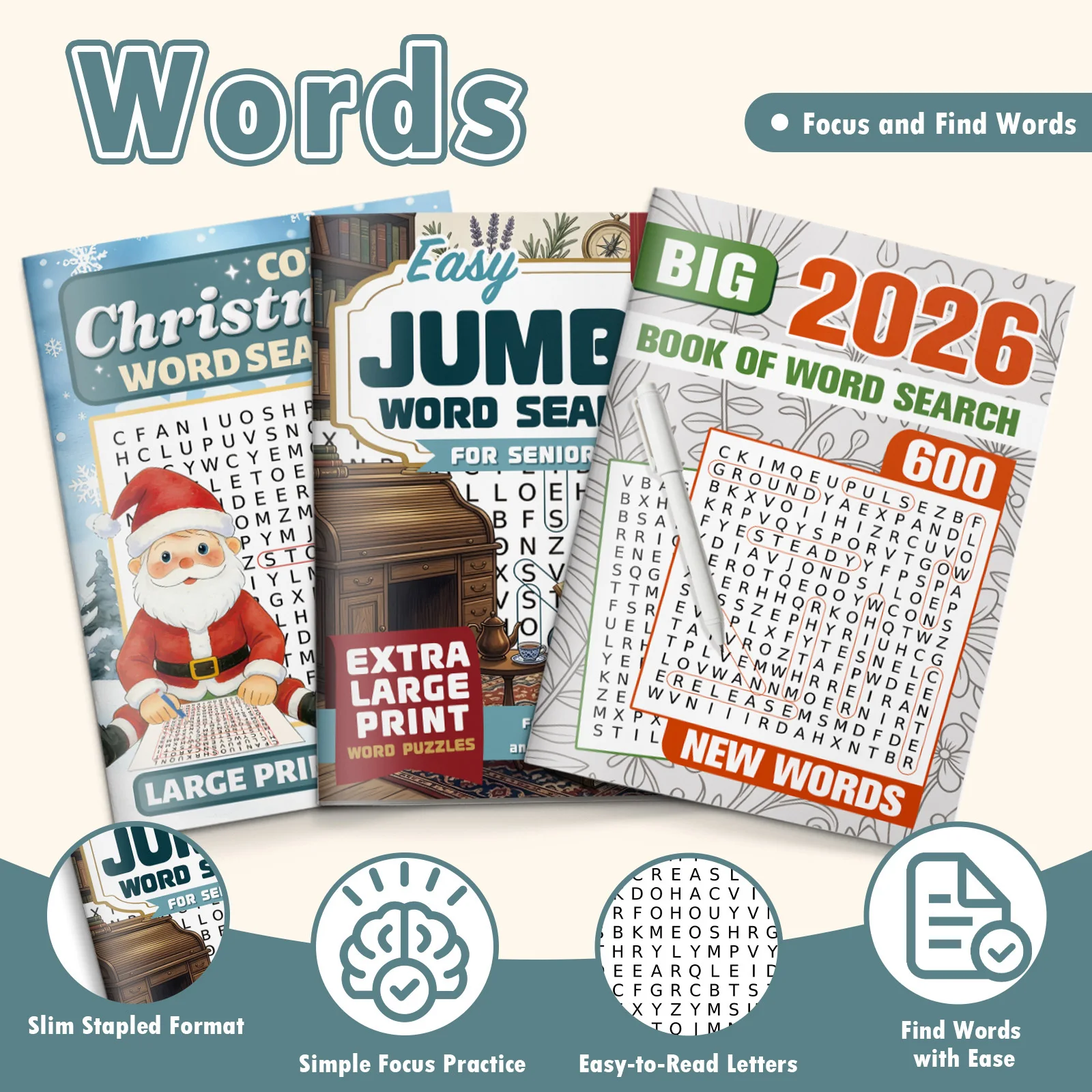 Ensemble de 3 livres de jeux de mots en anglais, jeu de mots de Noël 300 mots + jeu de mots géant pour seniors 300 mots