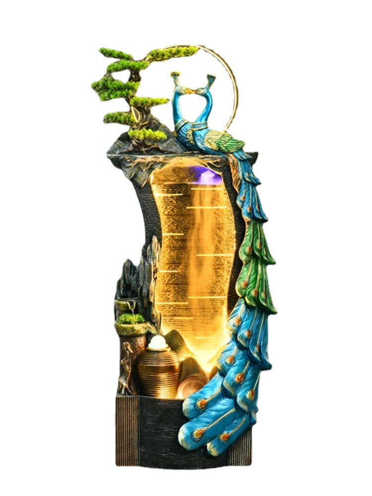 YFY  TV next to the Decoration Peacock Water Rockery Fountain Living Room Entrance Gift