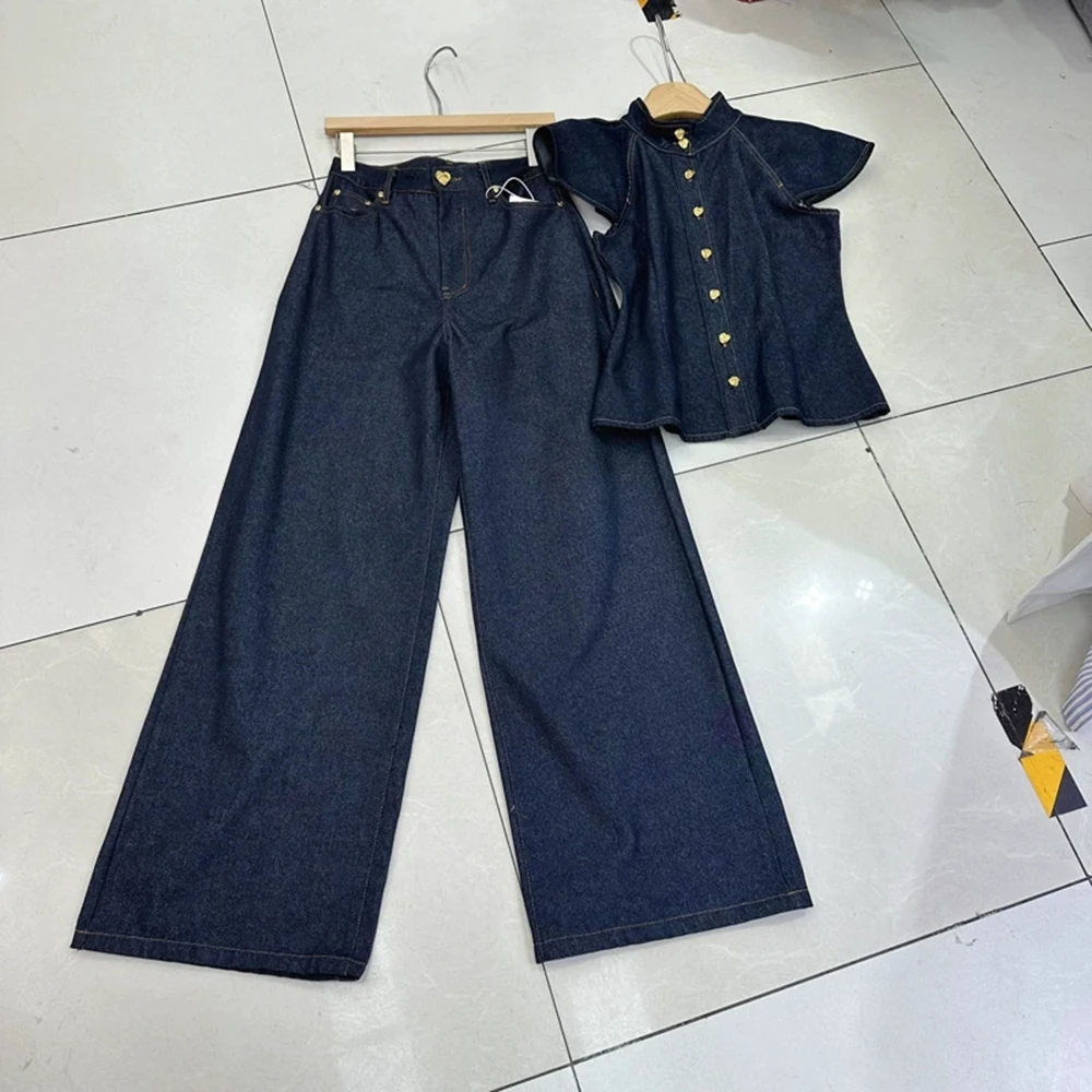 

French summer niche loose slim wide-leg straight pants metal heart button jeans-GZXX356
