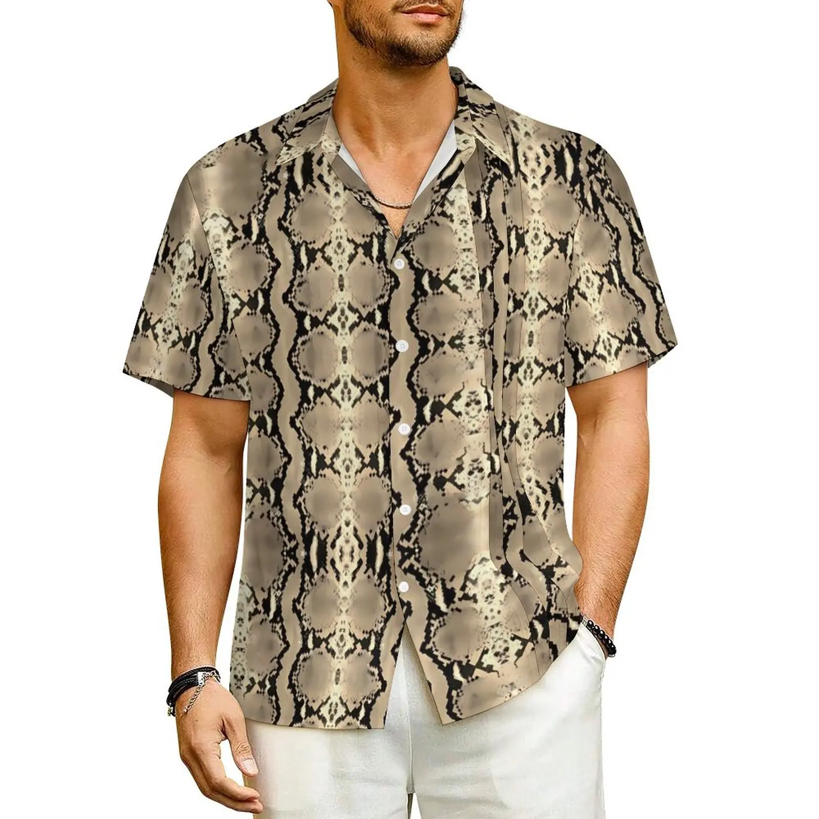 

Hawaii Shirt Vacation Gold Snakeskin Blouses Trendy Animal Vintage Casual Shirts Man Short Sleeve Comfortable Plus Size Clothing