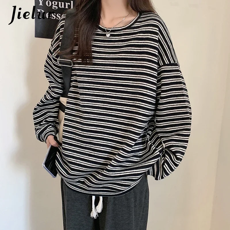 Jielur Winter Korean Style Pullover Spell Color Striped Hoodie Women Green Harajuku Sweatshirt Loose Casual Clothes Female M-XL