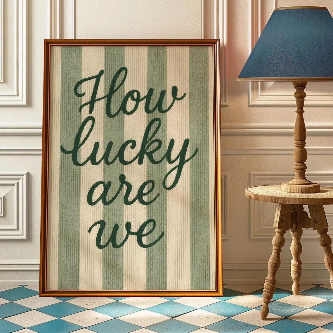 2D Flat, 2D Flat, 1pc Wall Decoration, a Retro Poster Featuring The Phrase 'How Fortunate We Are', with Sage Green Stripes. I