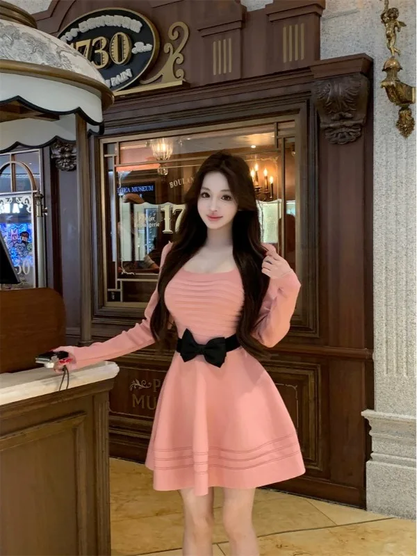 

Elegant Knitted Short Skirt Dress with Knot Waist Belt Ladylike Gentlewoman Style Nicole Rose Women's Fashion