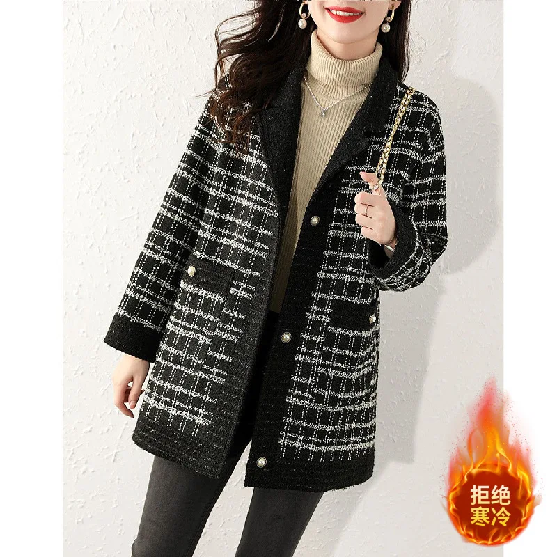 Women Wool Coat Plaid Print Thick Midi Blends Button Turn Down Collar Casual Jackets Pocket Elegant Lady Autumn Winter