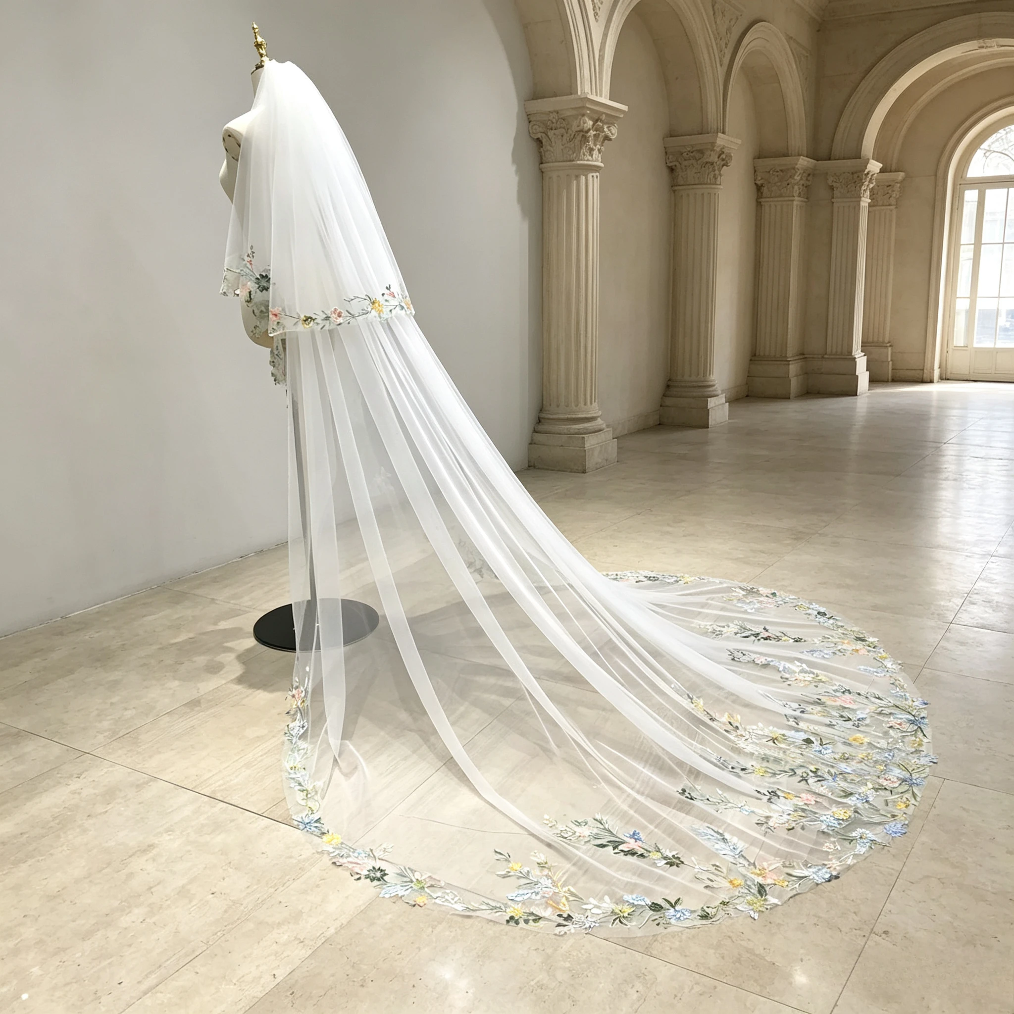 Colorful Wild Flower Wedding Bridal Veil Lace Set Waterfall Veil Soft Tulle Mantila Eyelashes With Lace Edge Handmade Custom