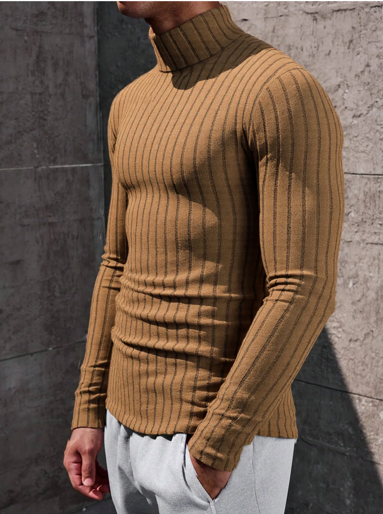 Herren Rollkragenpullover mit Langen Ärmeln, Vertikal Gestreift, Schlanke Passform, Gerippter Strickpullover, Lässiger Stretch-Unterzieher – Detail 6