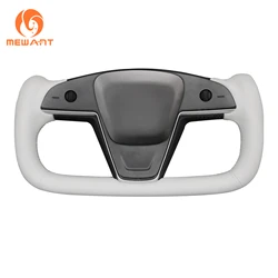 MEWANT White Leather Carbon Fiber Car Steering Wheel Cover for Tesla Model S 2021-2023 Model X 2021-2023