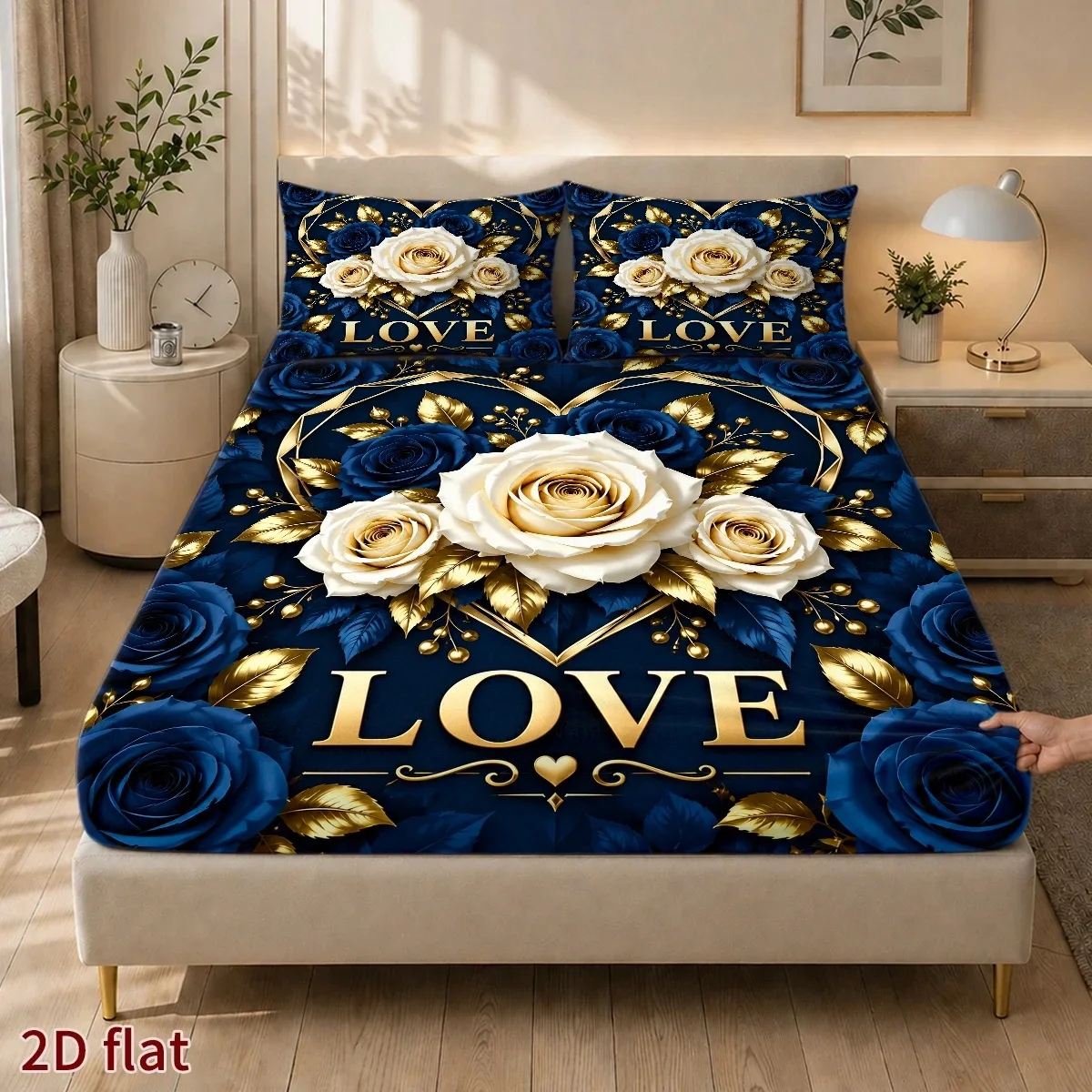 3-Piece Mattress Protector Set, Polyester, Machine Washable, Fits Various Sizes, Blue Valentine's Day Love Theme, Heart-Shaped Print Bedding Set, Home Bedroom Decoration, Holiday Bed Sheet and Pillowcase, Mattress Protector, Stain-Resistant, Mattress Cover. Suitable for All Seasons, Universal for Home Bedrooms, Essential for Dormitories and Rentals, Master Bedroom and Guest Room Decoration