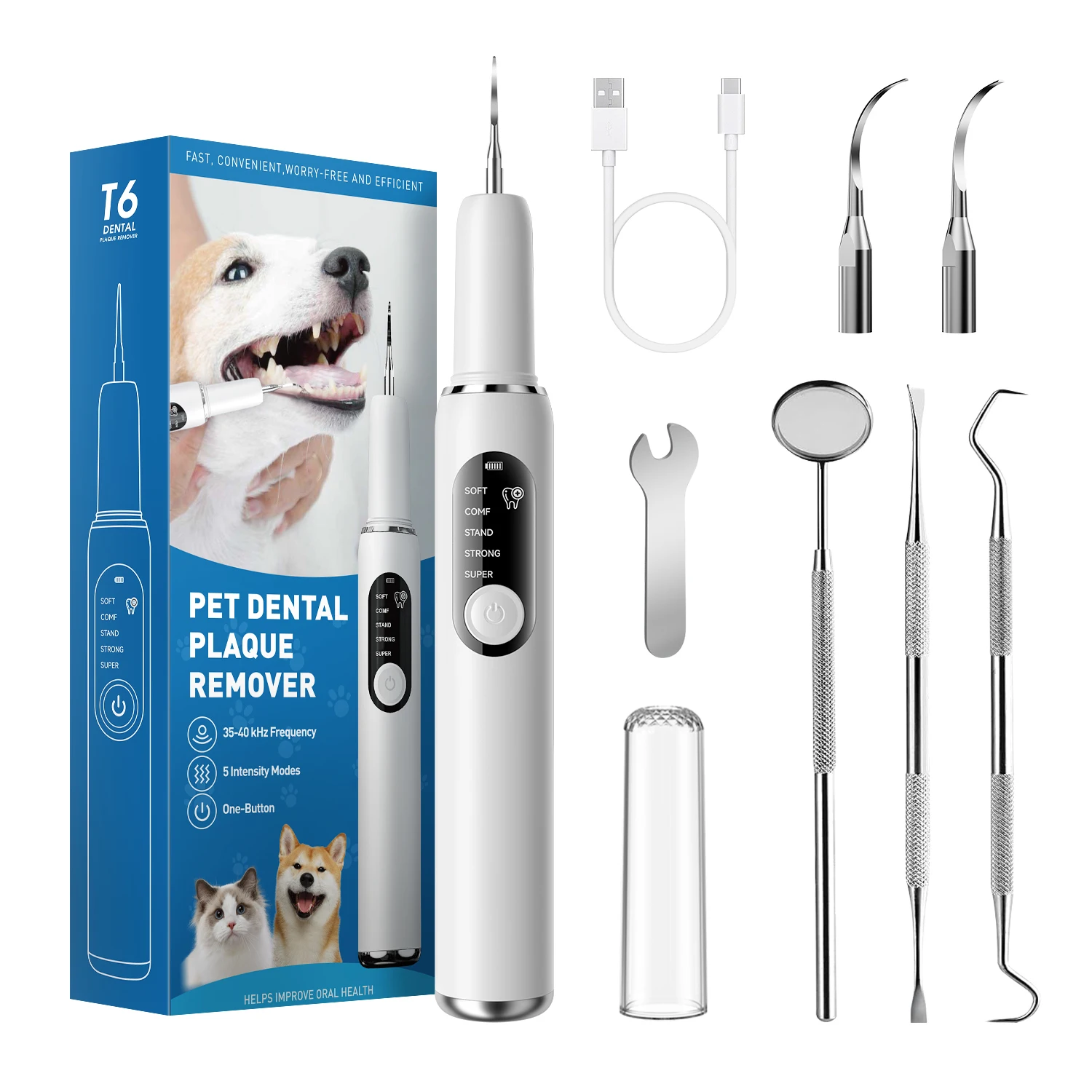 Limpiador Dental para perros y gatos, eliminador de sarro, resistente al agua IPX6, escalador Dental de cinco modos para equipos de limpieza Dental de mascotas