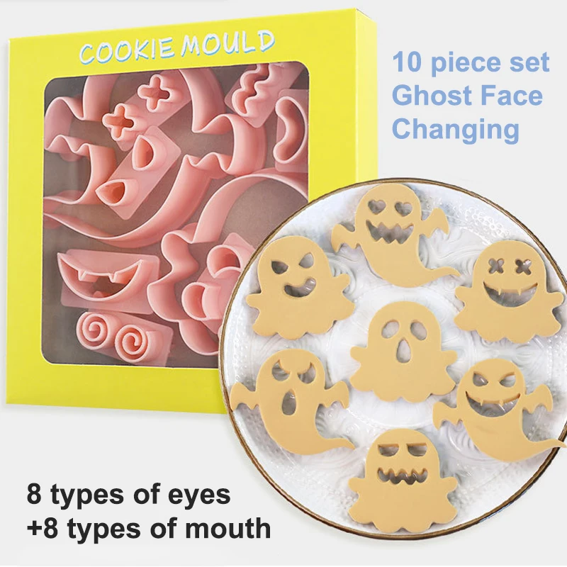 10PCS Halloween Molds 3D Funny Ghost Molds Chocolate Candy Clay Mold Cookie Baking Cupcake Topper Fondant Cake Decorating Tools