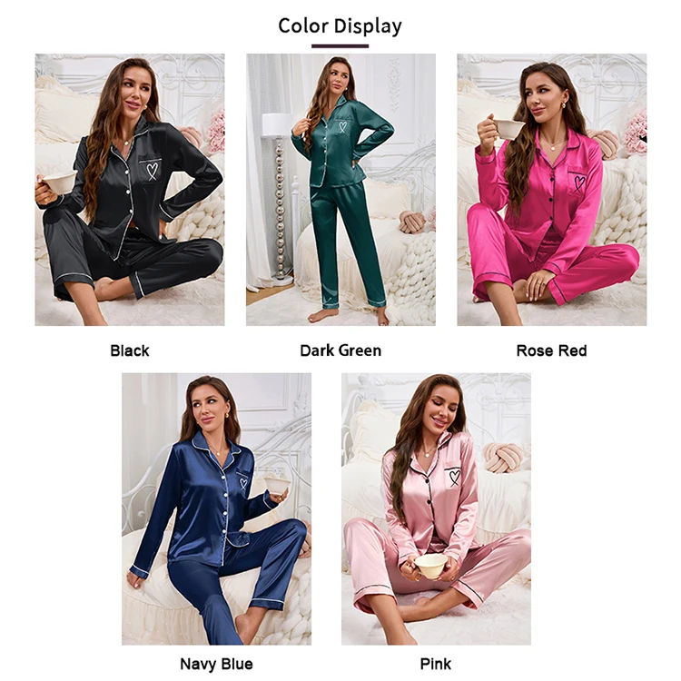 Frauen Hause Kleidung Satin Pyjama Herbst Langarm Tasche Herz-förmigen Stickerei Tops & Hosen Pyjama Femme Loungewear Pj set – Detail 4