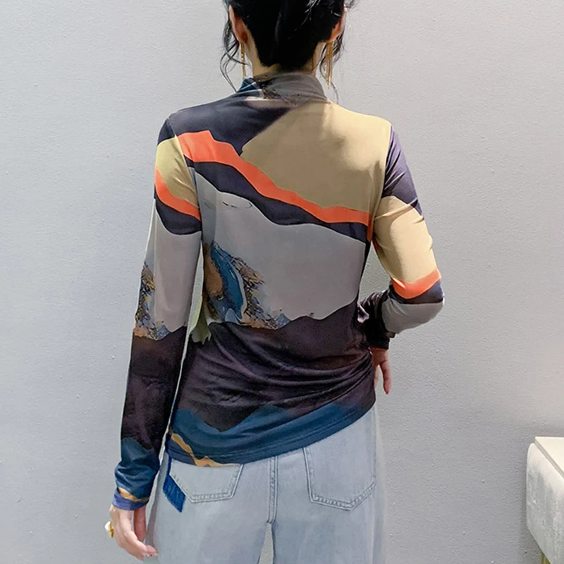 Black,Korean,Style,Winter,T-shirt,Sexy,Turtleneck,Mesh,Positioning Printing,Women,Tops,Long Sleeve,Slim,Tees,2024,New,4102807