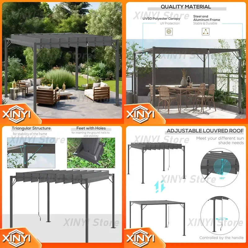 Outdoor Louvered Pergola 10x10 Aluminum Patio Pavilion Shade with Adjustable Breathable Mesh Roof UV Protection for Outdoor
