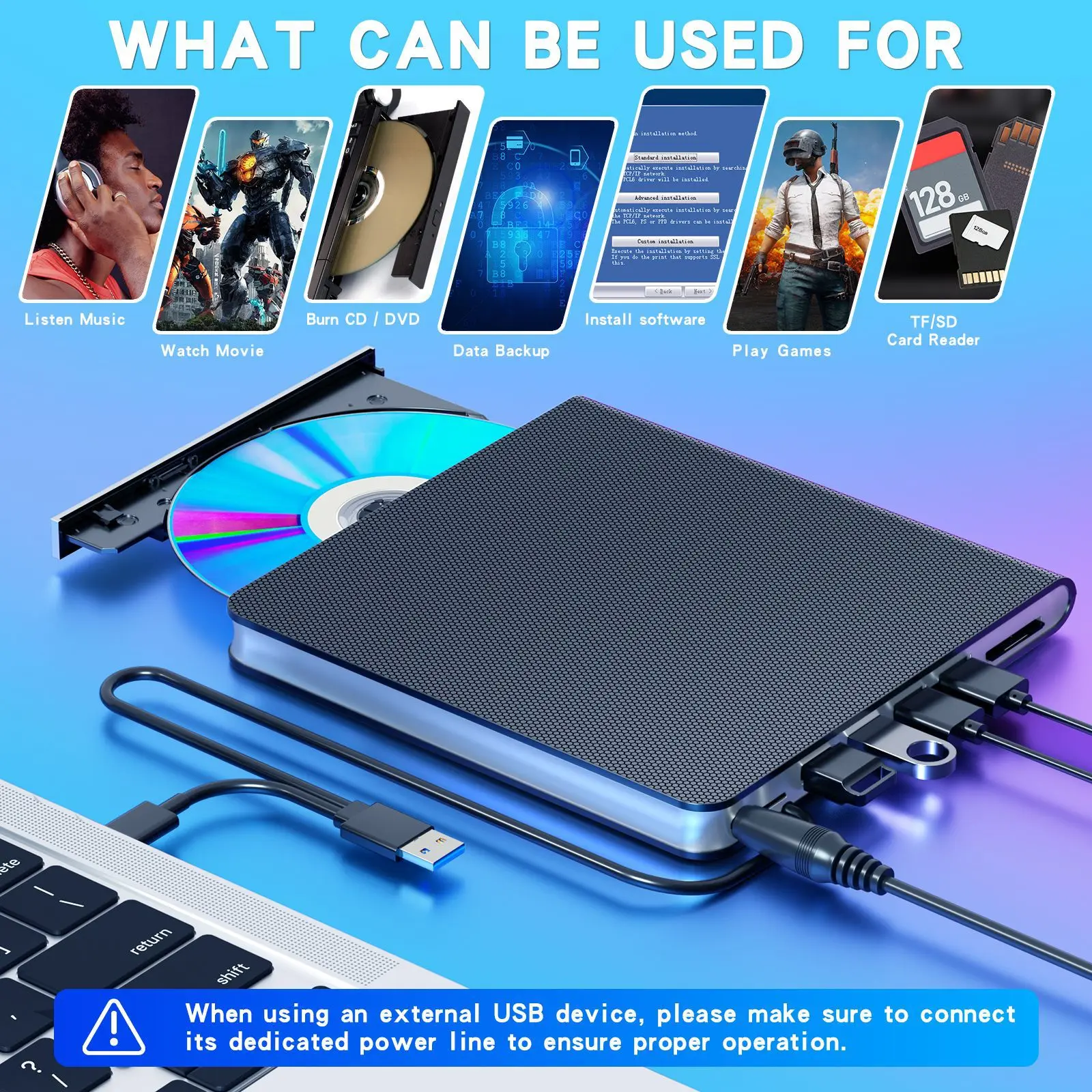 blue-ray multifunctional high-speed usb/type-c external dvd drive for laptops notebooks and desktops - recordable optical drive