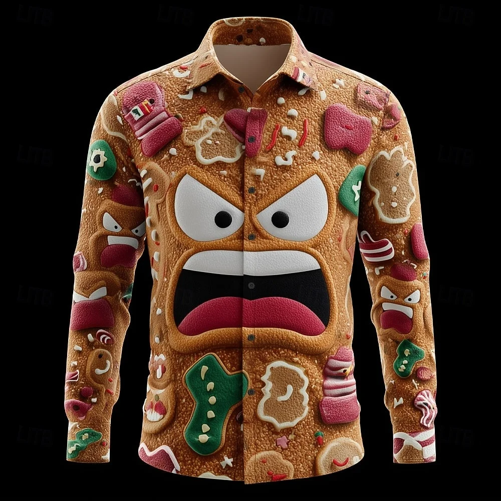 

Christmas Men's 3D Cartoon Smiley Snowflake Shirts Christmas Gift Shirt Button-Up Long Sleeve Funny Holiday Autumn Lapel Shirt