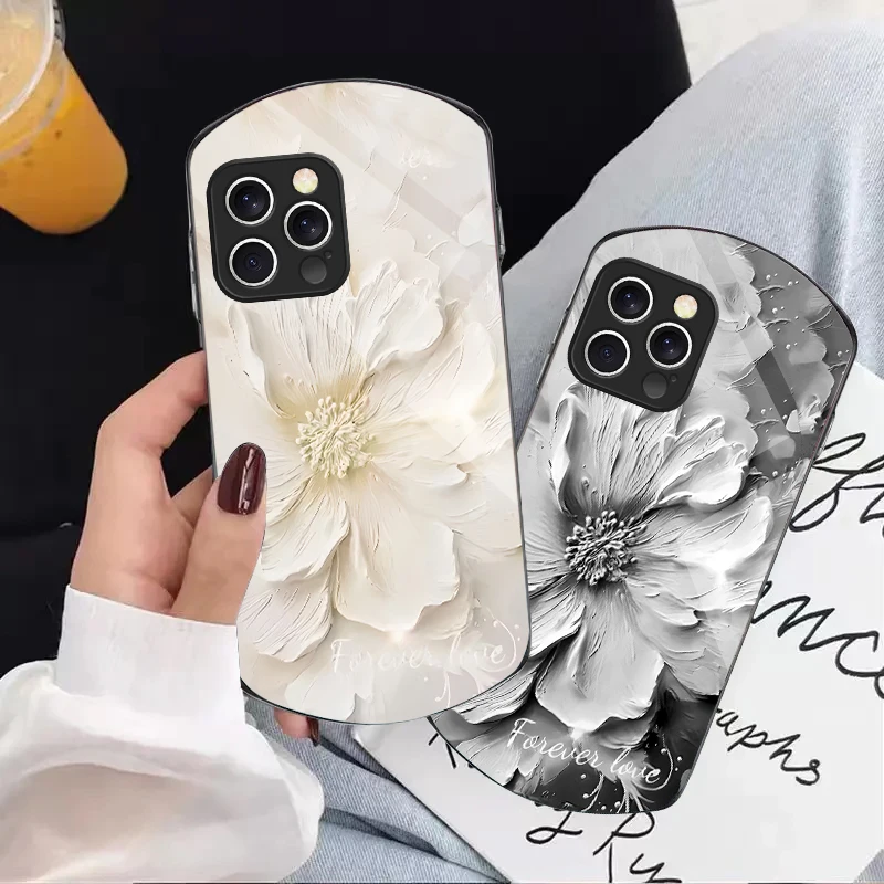 

Plants in Oil Painting For iPhone 16 15 14 Pro 13 Plus 12 mini 11 13Pro Max XR X S 7 8 6 Elliptical Tempered Glass Phone Case