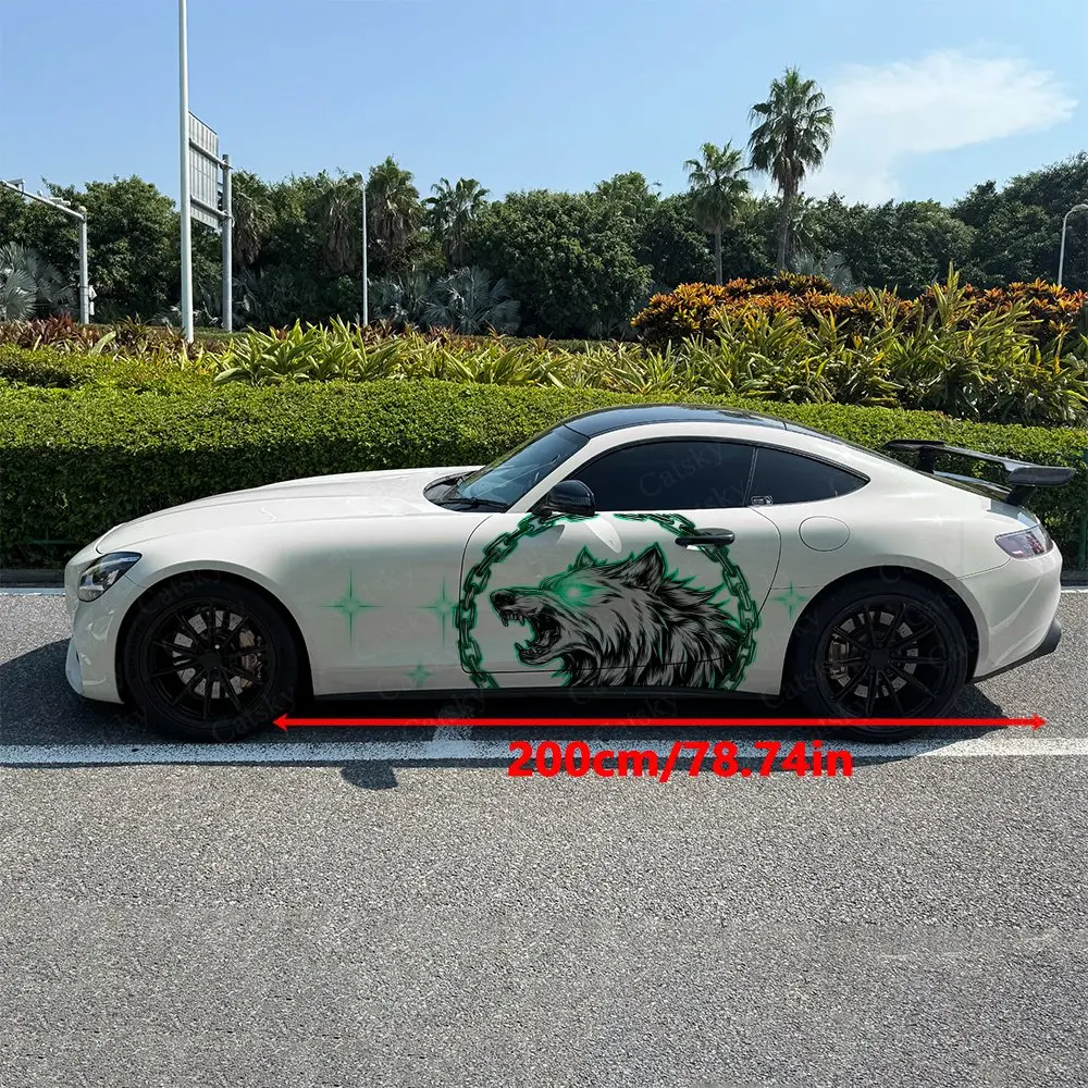2Pcs Metal Chain Surround Angry Wolf Car Side Wrap, Self-Adhesive PVC Waterproof & Scratch-Resistant Sticker, Car Accessory Gift