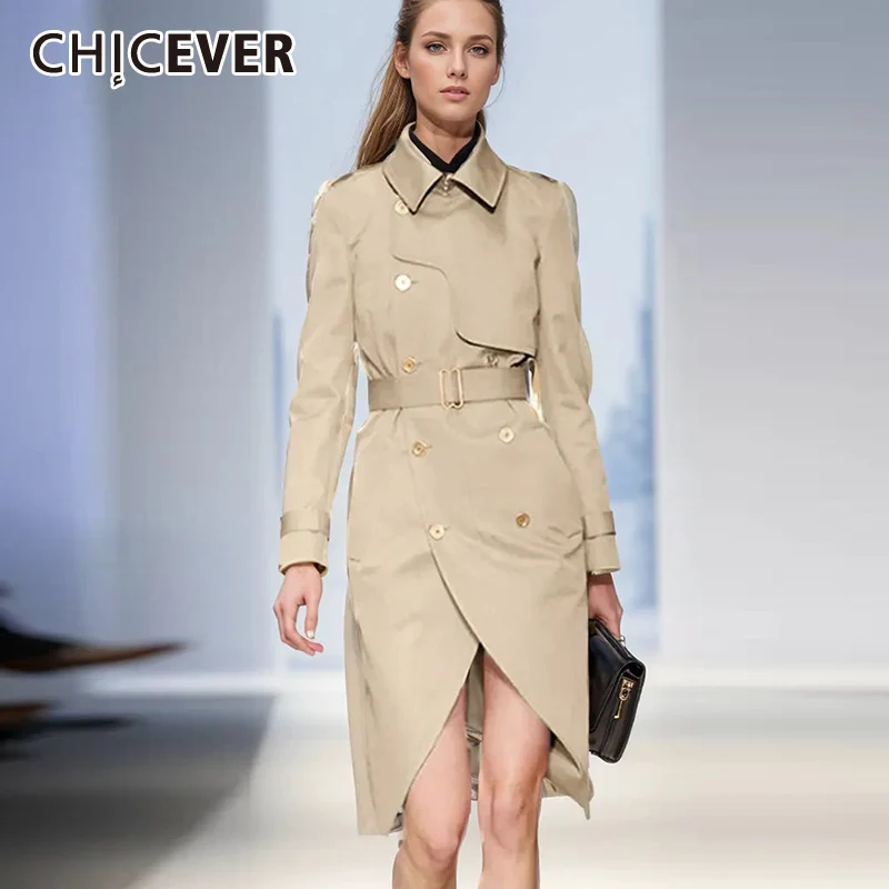 

CHICEVER модное популярное пальто для женщин с лацканами длинным рукавом двубортное однотонное свободное лоскутное пальто с поясом Женская одежда Новинка