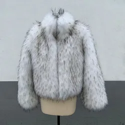 Faux Raccoon Silver Fox Fur Coat for Women, Stand Collar, Neck Warm Winter Fashion Outerwear, Thick Fake Fur Jacket, New Style