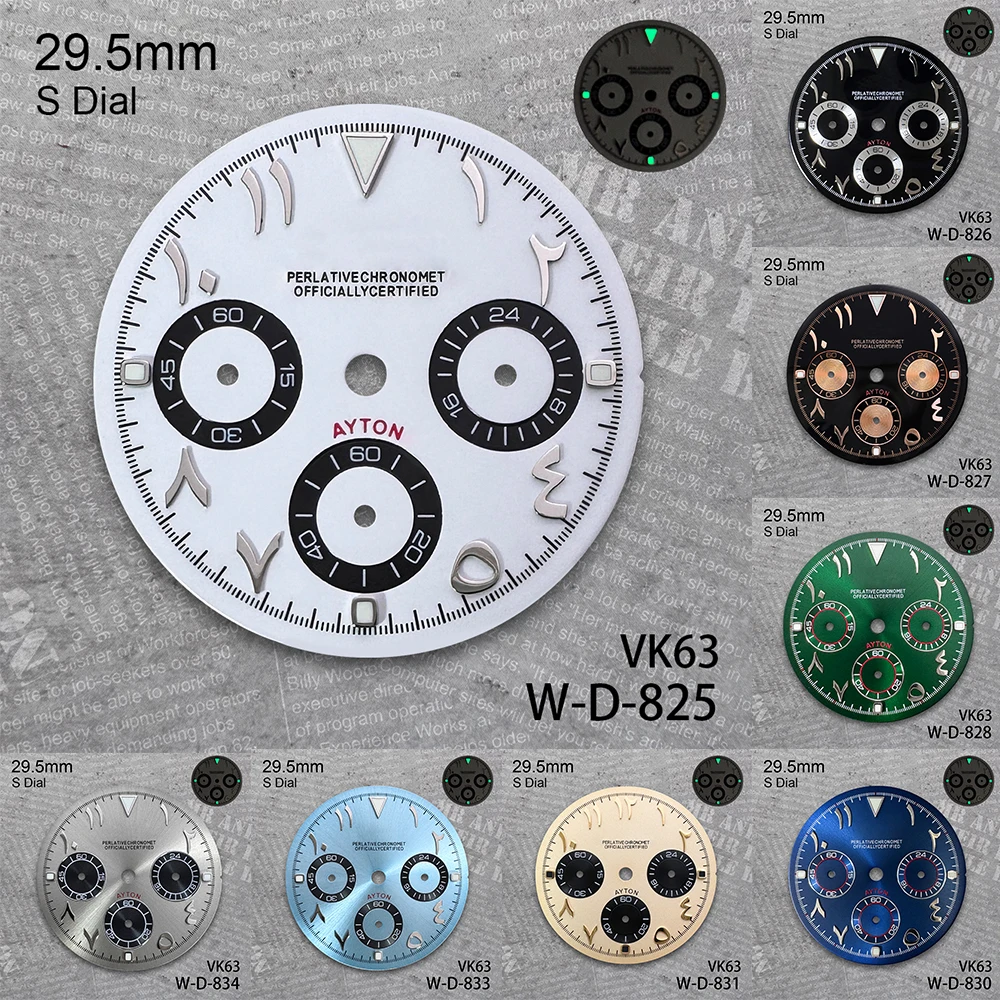 29.5mm DTN Panda Arab S Dial Fit VK63 Quartz Movement Green Luminous High-Quality Watch Modification Accessories