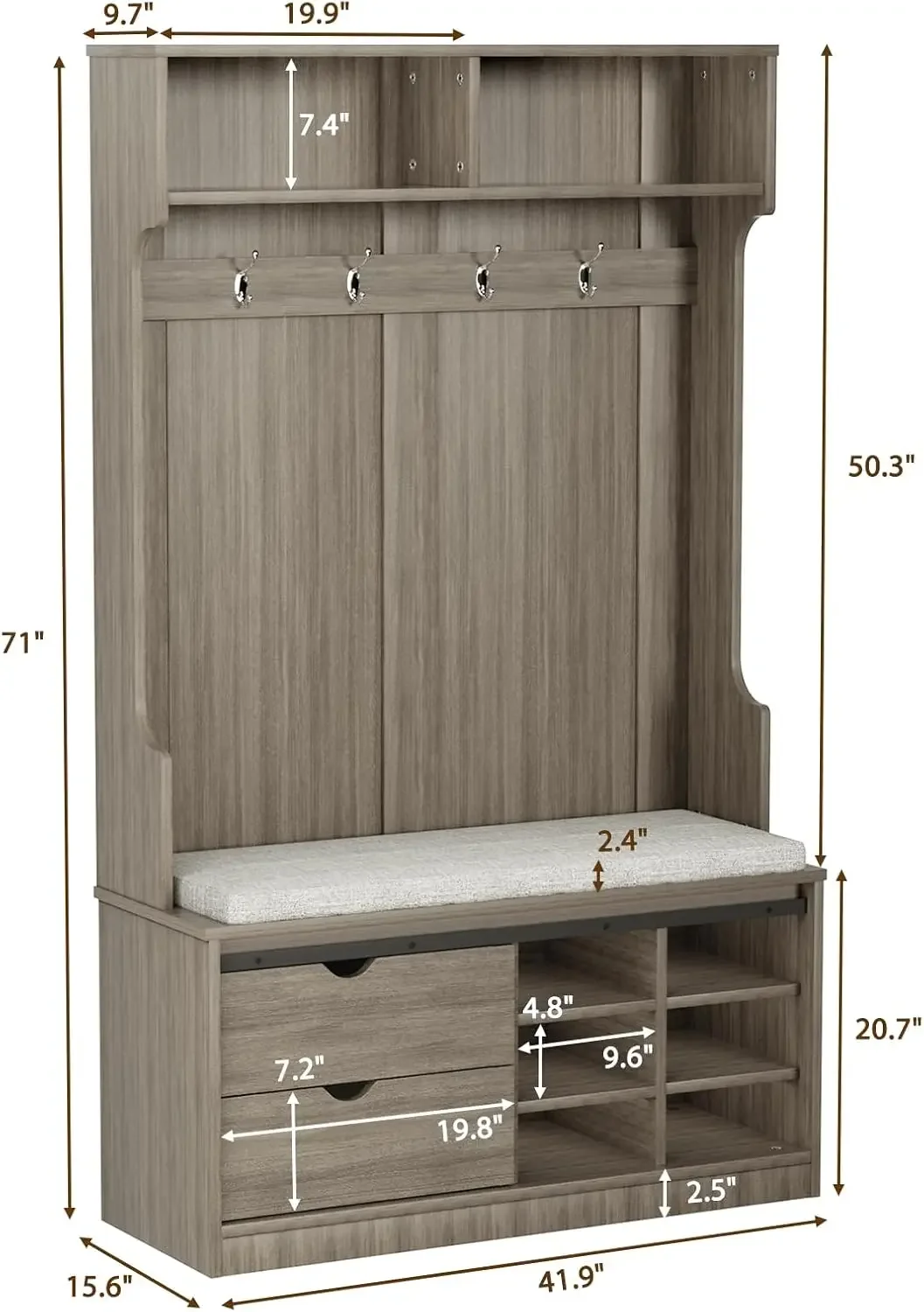 Coat Rack with Bench Shelf Hooks,Upholstered Shoe Storage Bench with Slide Cabinet Organizer Drawer Barn Door