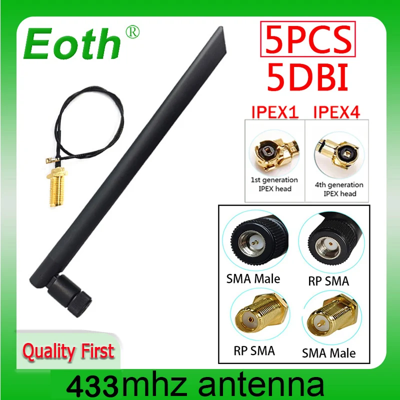 

EOTH 5PCS 5dbi SMA Male 433Mhz LORA Antenna IOT Antena Rubber Aerial EXTERNAL PIGTAIL IPEX 1 4 Wireless Repeater Lorawan antenna