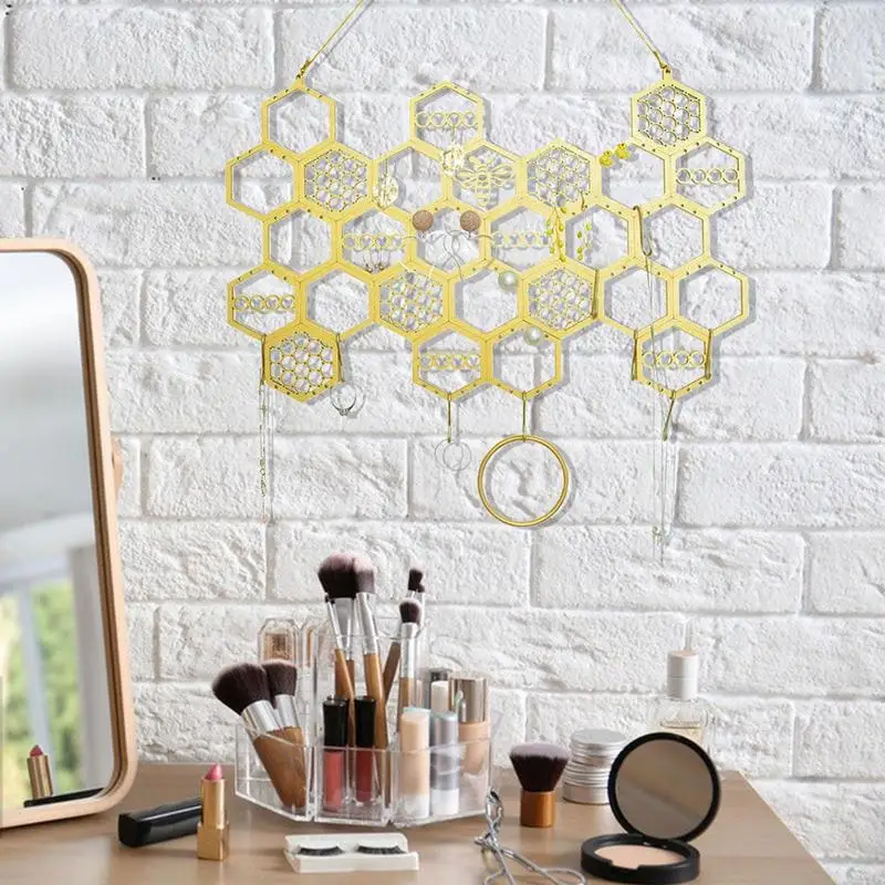 Dangle Earring Holder Wood Display Tree In Honeycomb Shape Chic Display Stand For Women's Earring Display Beehive Jewelry Organi