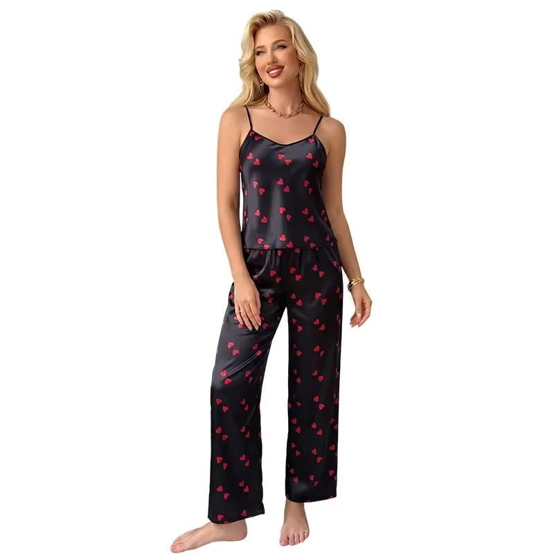 Women Sexy Pajamas Set 2 Pcs Strap Top &pants Homewear Suit Love Print Comfy Loungewear Sleepwear Thin Breathable Nightwear
