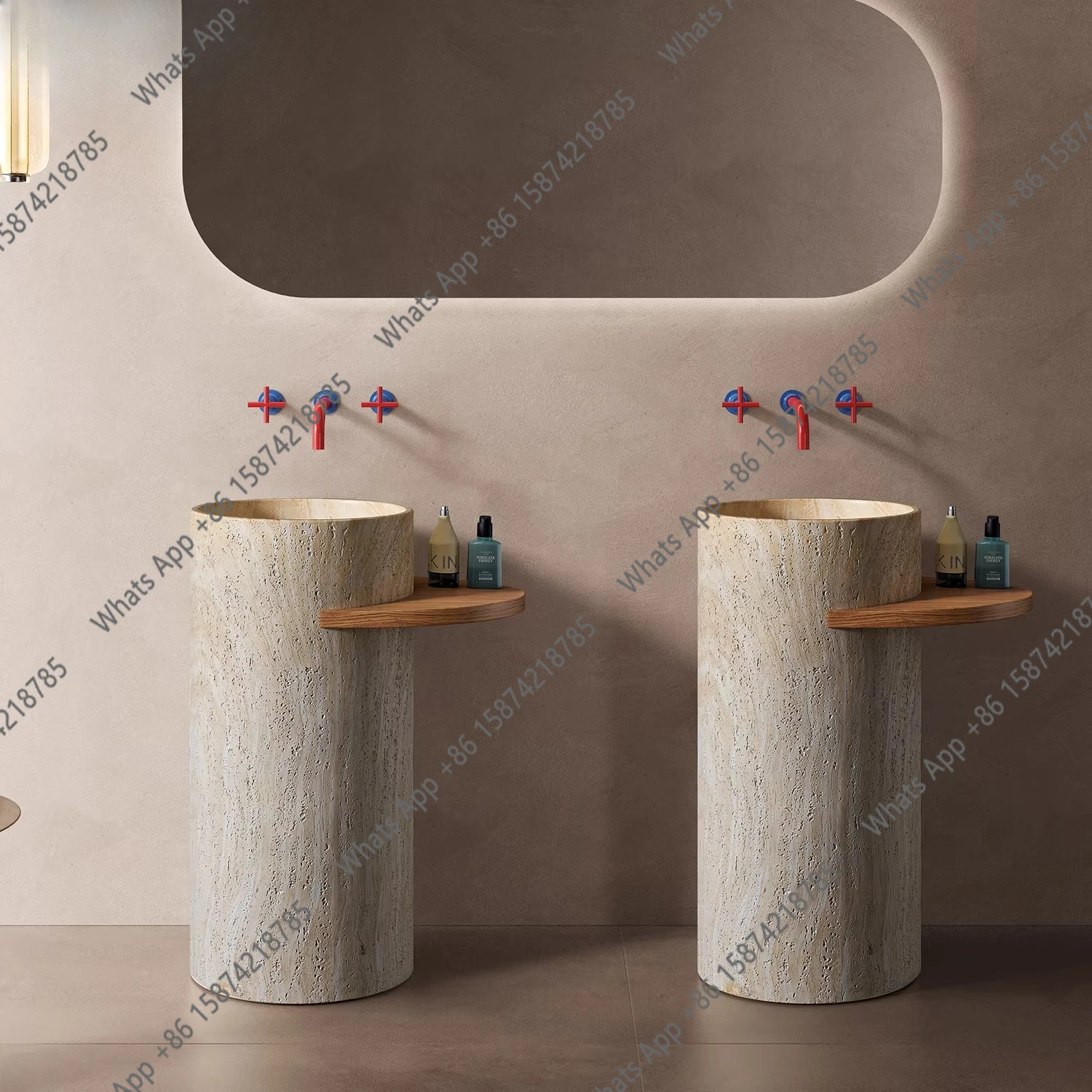 Medieval style natural travertine granular column basin integrated floor-to-ceiling wash basin club wash art basin