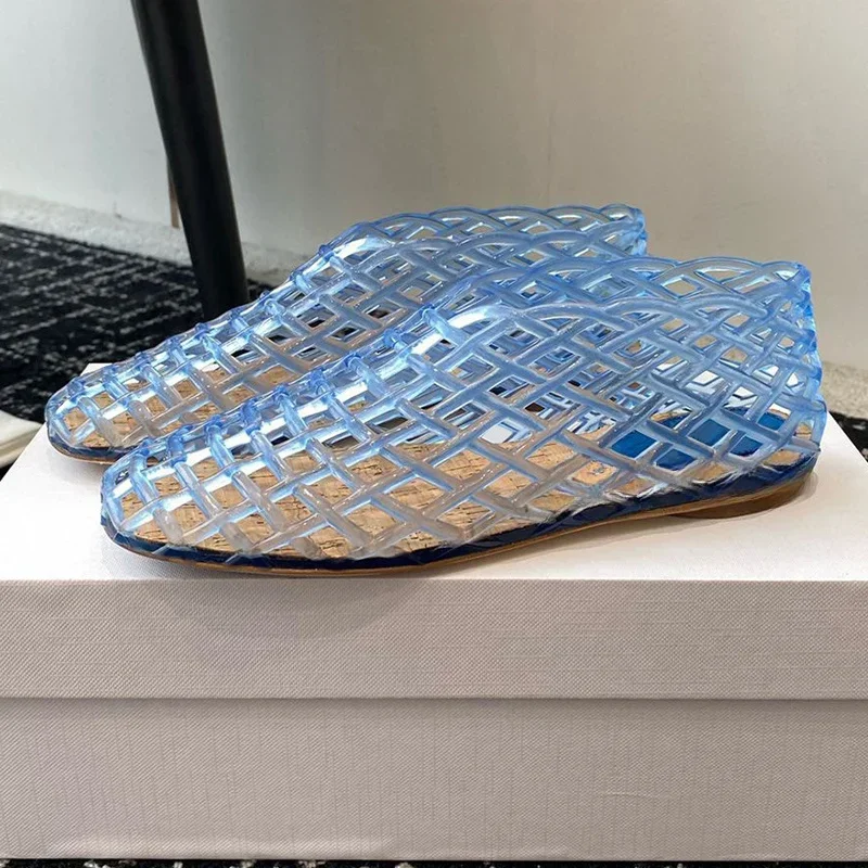 Nowe tkane siatkowe mieszkania baletowe sandały damskie Fashion Design plastikowe galaretki pojedyncze buty okrągłe Toe przezroczyste puste buty na