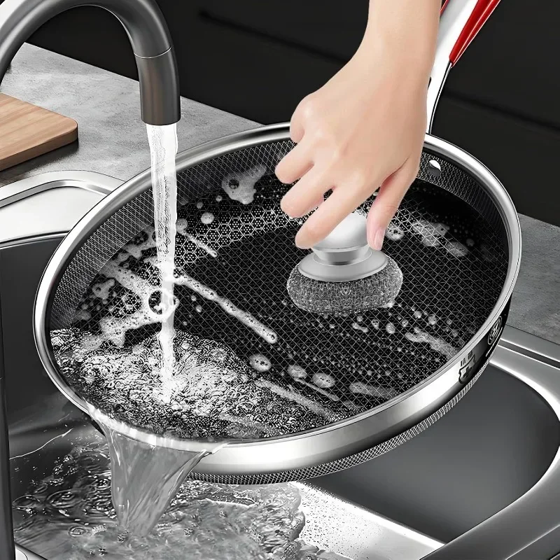 6/1Pcs Steel Wool Scrubber with Handle Stainless Steel Cleaning Brush for Dishes Stock Pots Pans Home Rust Removal Cleaning Tool