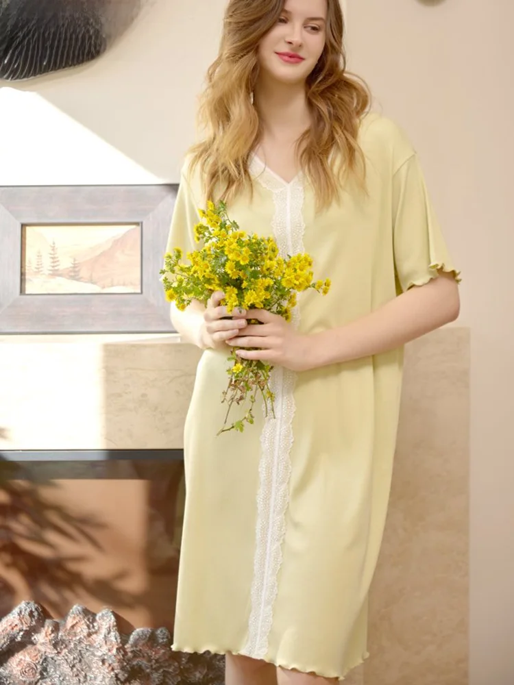 caser-summer-women's-lace-short-sleeve-v-neck-home-sleep-dress-casual-sweet-style-mid-length-skirt-single-button-closure
