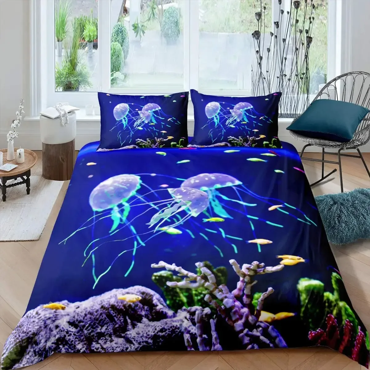 Teal Comforter Cover Set King Size Ocean Decor,Jellyfish Duvet Cover Nautical Sea Bedding Set Marine Life Retro Sailboat Bed Set