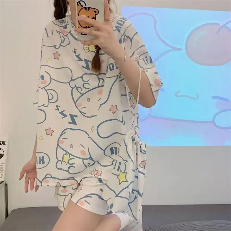

Sanrio Cinnamoroll Women Summer Pajamas Set Cute Cartoon Short Sleeve Loose Japanese Style Homewear